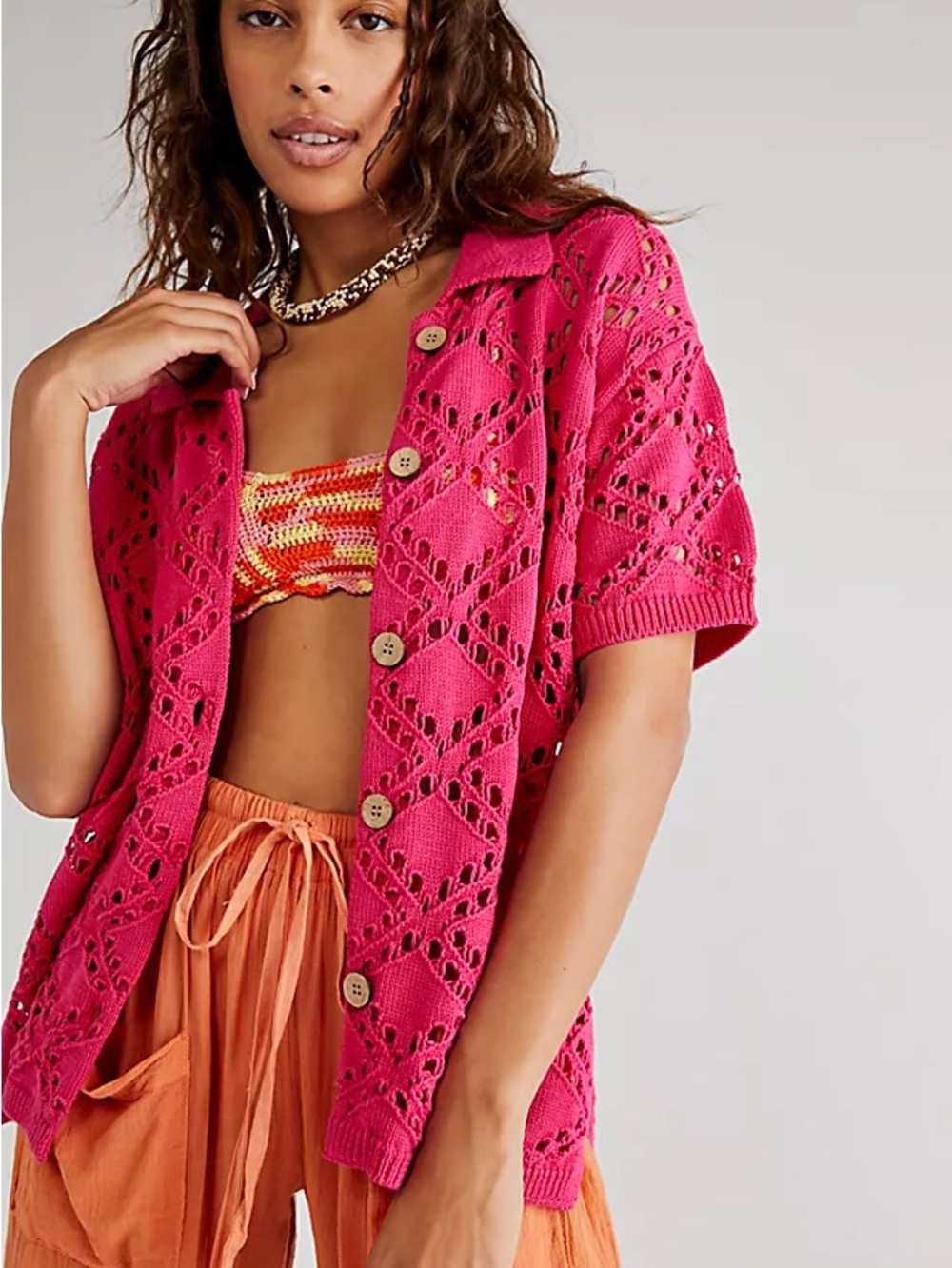 Free People Emily Fauxchet Open-Knit Short Sleeve Cardigan Hot Pink XS